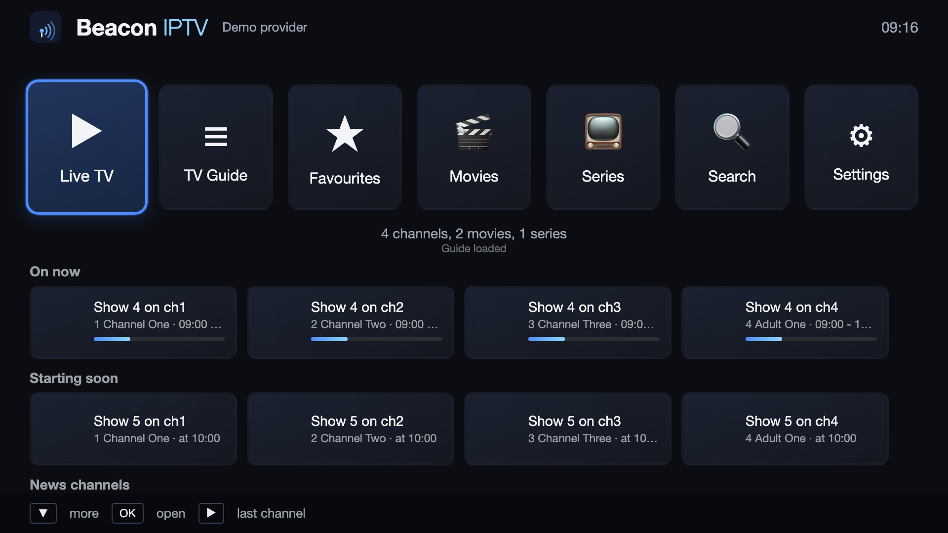 Beacon IPTV home screen